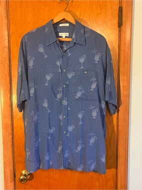 Pierre Cardin Shirt Adult Large  Blue Hawaiian Button Up Tropical Drinks Mens